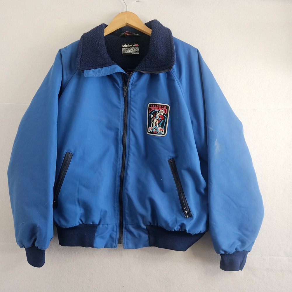 Vintage Sportsmaster Iditarod 25th Anniv Fleece Bomber Jacket XL Blue USA